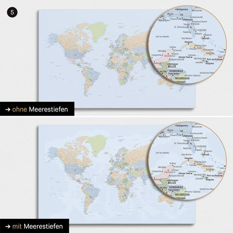 Mappa politica del mondo in atlante multicolore con profondità marine bidimensionali