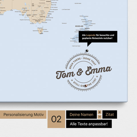Mappa del mondo personalizzata come Mappa per puntine su tela multicolore, atlante con nomi stampati e una legenda per segnare i luoghi visitati