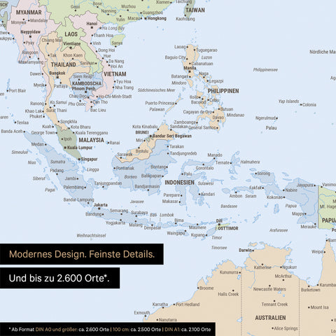 Dettaglio del poster mappa del mondo in atlante multicolore che mostra mappe dell'Asia