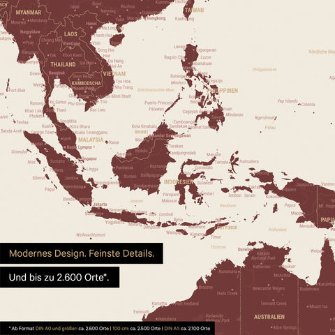 Dettaglio del poster della mappa del mondo in rosso bordeaux che mostra le carte dell'Asia