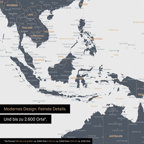 Dettaglio del poster mappa del mondo in Denim Blue che mostra le mappe dell'Asia