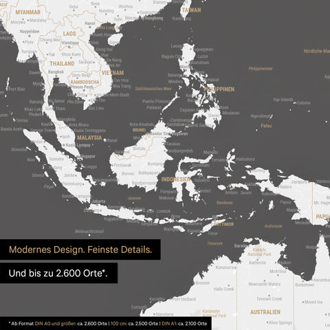 Dettaglio del poster della mappa del mondo in grigio scuro che mostra le mappe dell'Asia