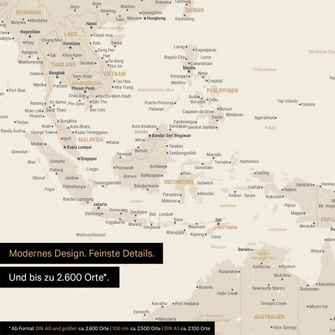 Dettaglio del poster mappa del mondo in oro che mostra le mappe dell'Asia