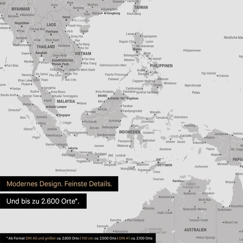 Dettaglio del poster della mappa del mondo in grigio chiaro che mostra le carte dell'Asia