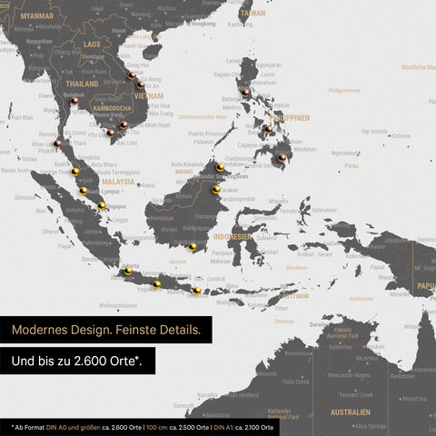 Dettaglio del poster della mappa del mondo in grigio chiaro che mostra le mappe dell'Asia
