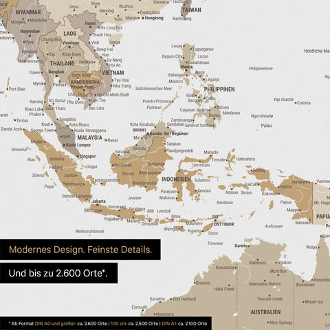 Dettaglio del poster mappa del mondo multicolore beige che mostra le carte dell'Asia