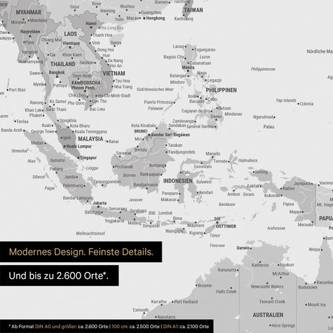 Dettaglio del poster mappa del mondo multicolore grigio che mostra le mappe dell'Asia