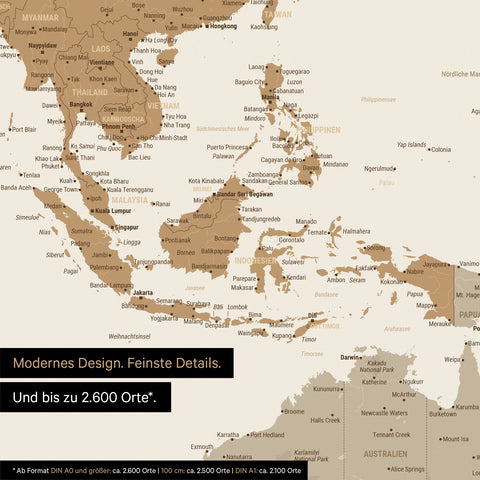 Dettaglio del poster mappa del mondo in multicolore opaco che mostra le carte dell'Asia