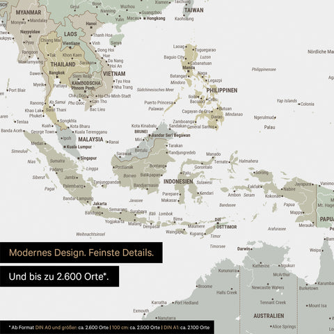 Dettaglio del poster mappa del mondo in salvia multicolore che mostra mappe dell'Asia