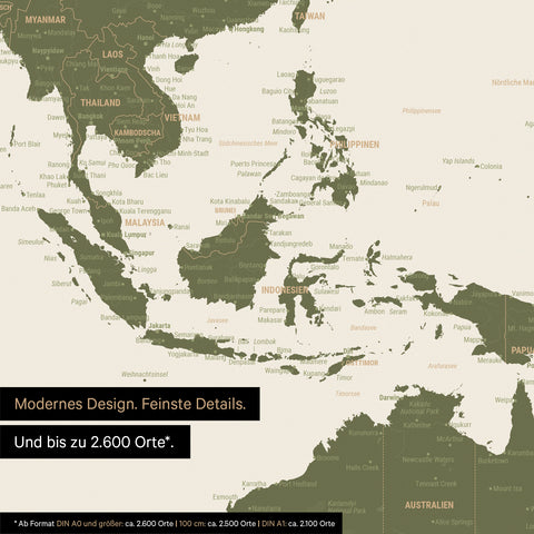 Dettaglio del poster della mappa del mondo in verde oliva che mostra le mappe dell'Asia