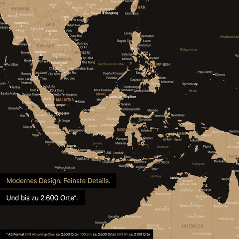 Dettaglio del poster mappa del mondo in Sonar Black (nero-oro) che mostra le mappe dell'Asia