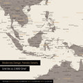 Dettaglio del poster mappa del mondo in Warmgray (marrone-grigio) che mostra mappe dell'Asia