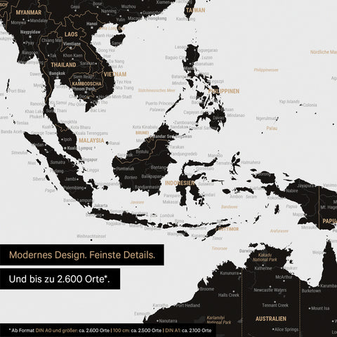 Dettaglio del poster della mappa del mondo in nero chiaro che mostra le carte dell'Asia