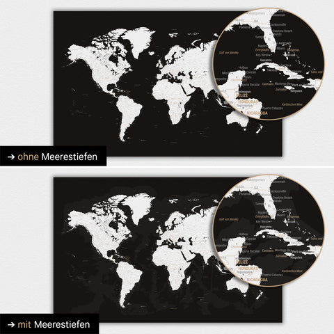 Mappa del mondo in bianco e nero con profondità marine bidimensionali