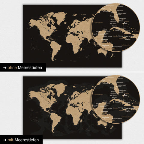 Mappa del mondo a colori Sonar Black (nero-oro) con profondità marine bidimensionali