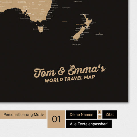 Mappa del mondo personalizzata in colore Sonar Black (nero-oro) con il tuo nome stampato