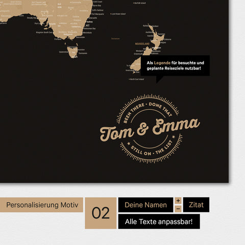 Motivo alternativo per una personalizzazione con il tuo nome su una mappa del mondo a colori Sonar Black (nero-oro)