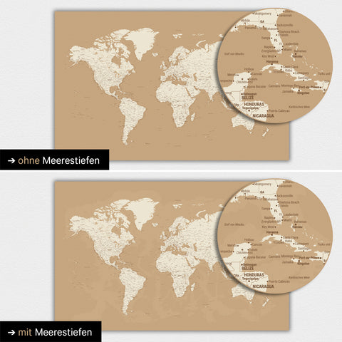 Mappa del mondo a colori Treasure Gold con profondità marine bidimensionali