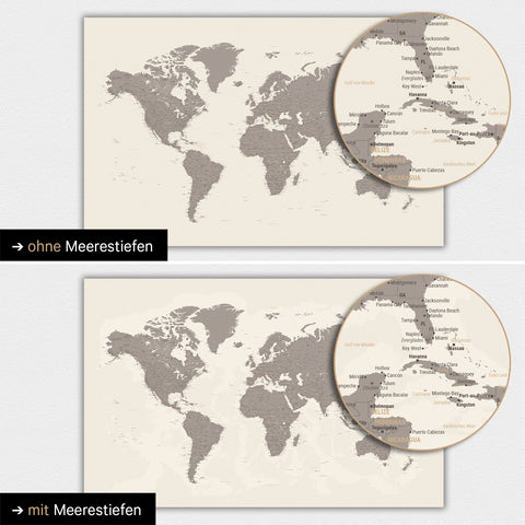 Mappa del mondo in colore Warmgray (marrone-grigio) con profondità marine bidimensionali