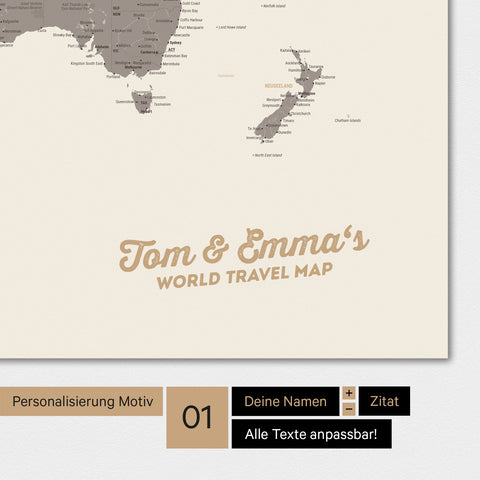 Mappa del mondo personalizzata in colore Warmgray (marrone-grigio) con il tuo nome stampato