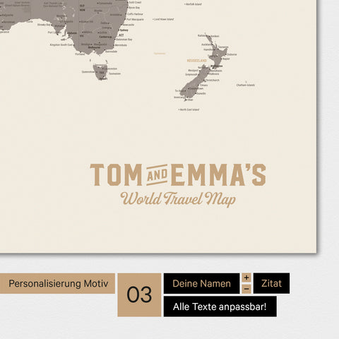 Mappa del mondo in colore Warmgray (marrone-grigio) con un logo vintage come personalizzazione moderna