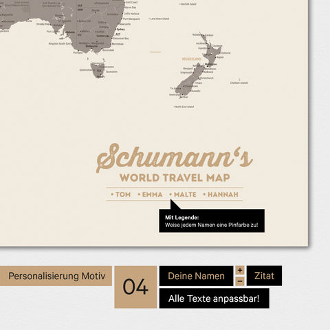 Mappa del mondo in colore Warmgray (marrone-grigio) con personalizzazione come logo familiare